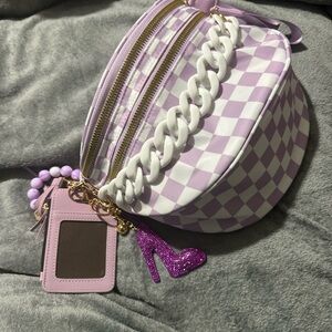 Stylish Lilac Checkered Bum Bag w/ Accessories